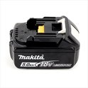 Zwarte Makita 18V 5.0Ah Li-ion accu met witte en gele accenten en LED-indicator.