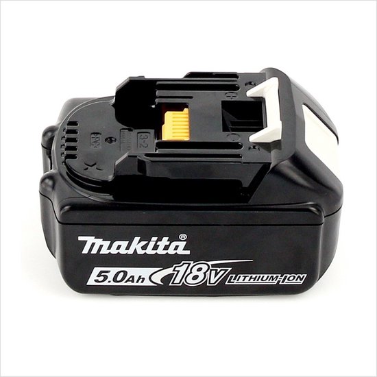 Zwarte Makita 18V 5.0Ah Li-ion accu met witte en gele accenten en LED-indicator.