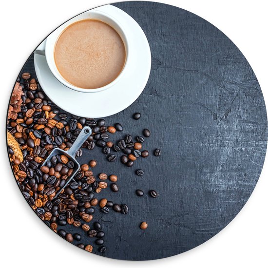 Dibond Muurcirkel - Bovenaanzicht van Kop Koffie met Jutten Zak met Koffieboontjes - 50x50 cm Foto op Aluminium Muurcirkel (met ophangsysteem)