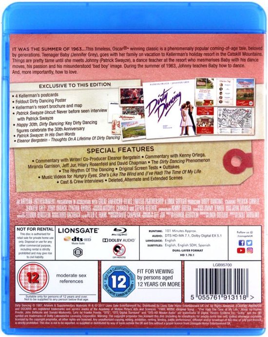 Achterkant Blu-ray hoes Dirty Dancing. Bevat details over de inhoud, speciale features en beoordelingen.