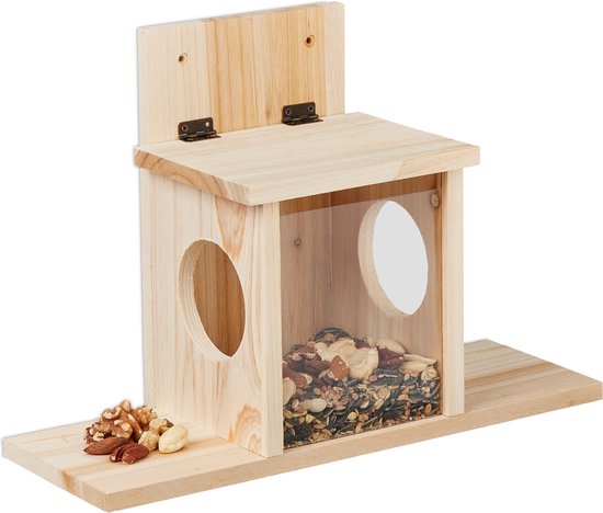 Mangeoire pour écureuils Relaxdays avec 2 entrées - toit rabattable - mangeoire pour écureuils en bois