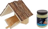 Vogelhuisje/voederhuisje/pindakaashuisje hout met dak van boomschoors inclusief vogelpindakaas - Vogelvoederhuisje