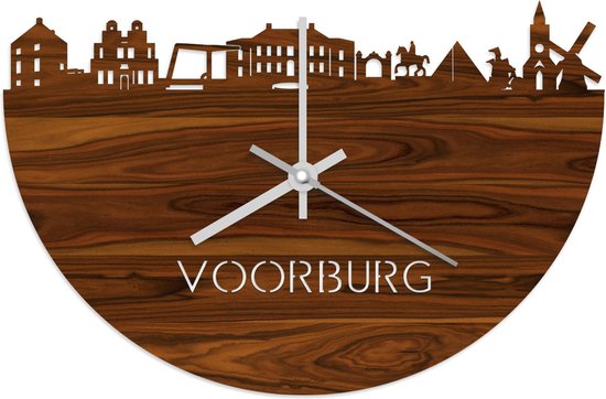 Skyline Klok Voorburg Palissander hout - Ø 40 cm - Stil uurwerk - Wanddecoratie - Meer steden beschikbaar - Woonkamer idee - Woondecoratie - City Art - Steden kunst - Cadeau voor hem - Cadeau voor haar - Jubileum - Trouwerij - Housewarming -