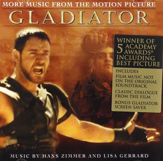 De "Gladiator" soundtrack met Russell Crowe in gevechtstenue en een sticker waarop staat "Winner of 5 Academy Awards".