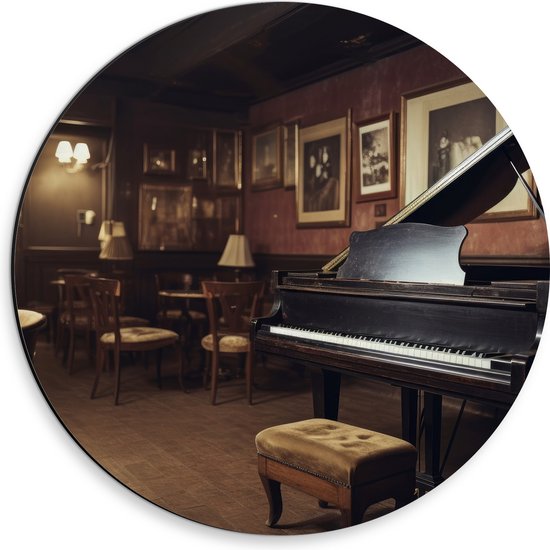 Dibond Muurcirkel - Cafe - Tafels - Stoelen - Hout - Piano - Muziek - 30x30 cm Foto op Aluminium Muurcirkel (met ophangsysteem)