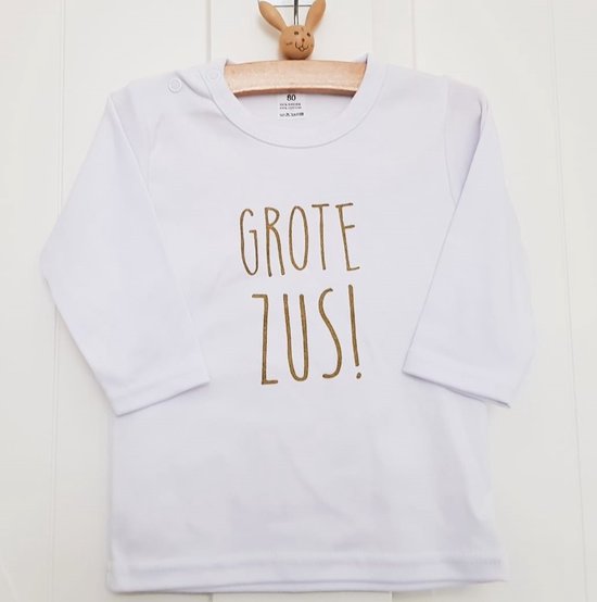 Shirt Ik word grote zus | lange mouw | wit met goud | maat 104 110zwangerschap aankondiging bekendmaking Baby big sis sister