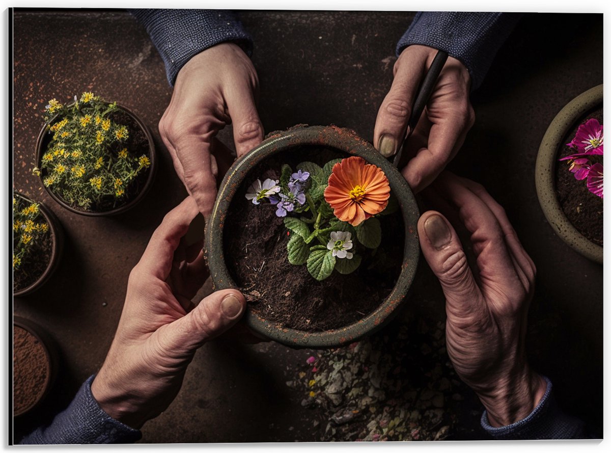 Dibond - Bloemen - Bloempot - Potgrond - Handen - 40x30 cm Foto op Aluminium (Met Ophangsysteem)