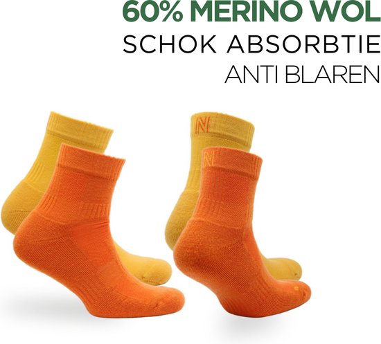 Norfolk - Wandelsokken - 2 paar - Anti Blaren Merino wol sokken met demping - Snelle Vochtopname - Wollen Sokken - Leonardo QTR - Oranje/Geel - 43-46