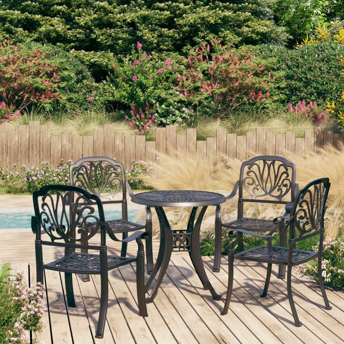 The Living Store 5-delige Bistroset gietaluminium zwart - Bistroset - Tuinset - Eetkamerset - Aluminium Tuinmeubels - Zwarte Tuinmeubels