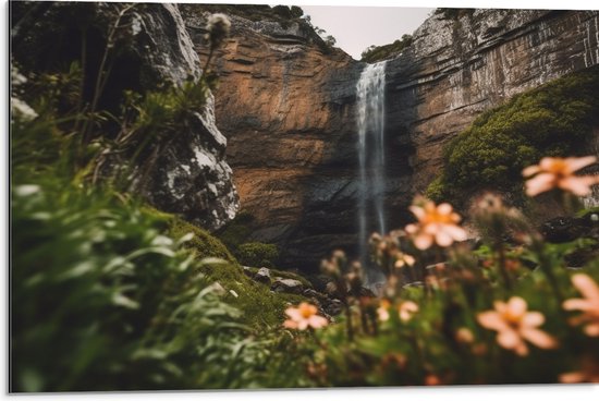 Dibond - Bergen - Waterval - Bloemen - Planten - 75x50 cm Foto op Aluminium (Met Ophangsysteem)