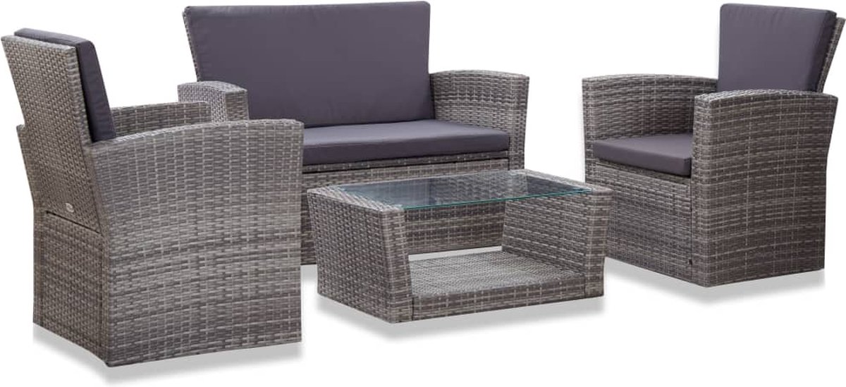 Grijze poly rattan loungeset met kussens voor buiten - The Living Store.