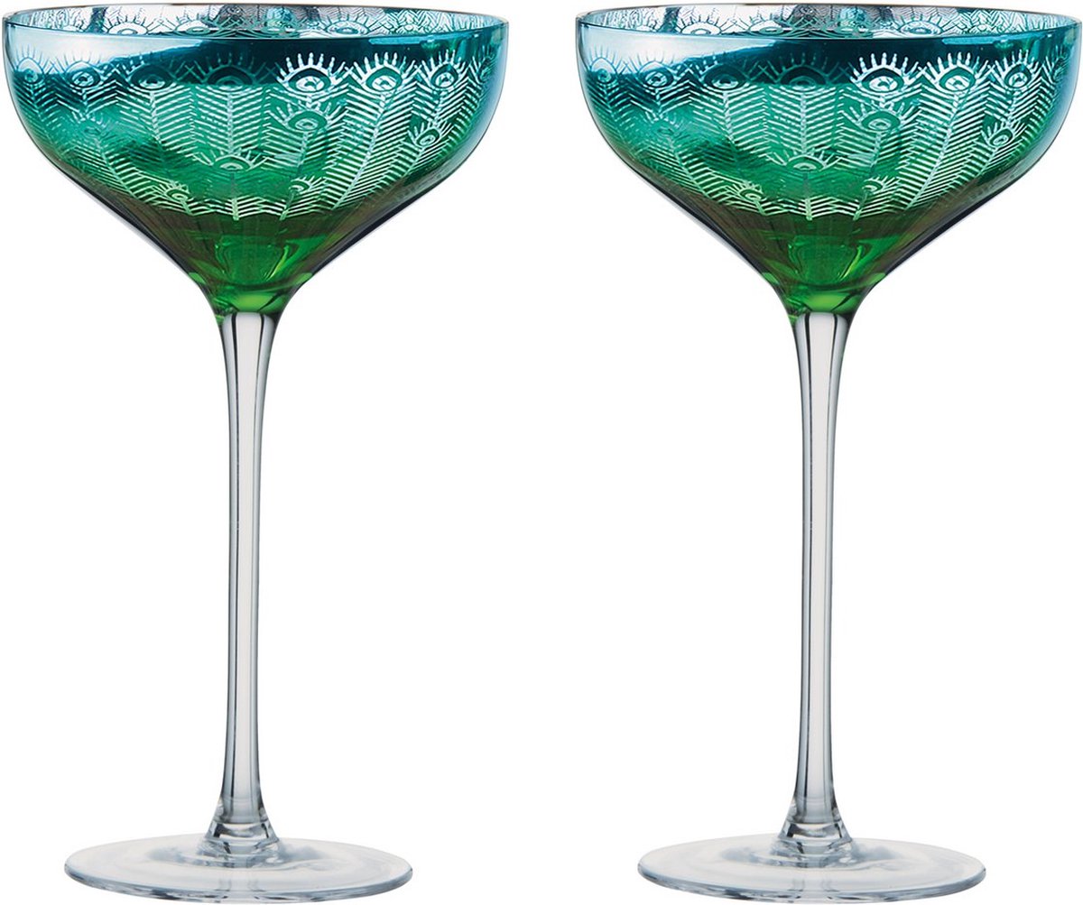 Artland set van 2 pauw peacock champagne glazen - blauw groen - 35 CL