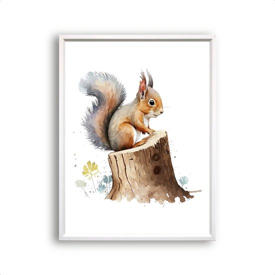 Postercity - Poster Aquarel Baby Eekhoorn op Boomstronk - Waterverf - Bos Dierenposter - Babykamer / Kinderposter - Muurdecoratie - 40x30cm