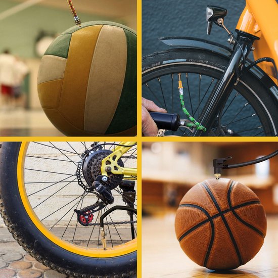 Vier afbeeldingen: een volleybal met naald, een fiets met opgepompte band, een fietswiel en een basketbal met pomp.
