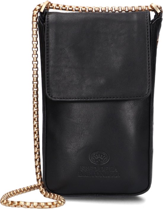 Zwarte, verticale lederen tas met gouden schakelketting. Logo met kroon en tekst 'FRED DE LA BRETONIERE'.