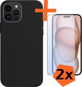 Hoesje Geschikt voor iPhone 15 Pro Max Hoesje Siliconen Cover Case Met 2x Screenprotector - Hoes Geschikt voor iPhone 15 Pro Max Hoes Back Case - Zwart