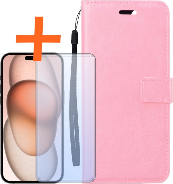 iPhone 15 Pro Max Cover Bookcase Flipcase Book Cover avec protecteur d'écran - iPhone 15 Pro Max Case Book Case - Rose clair