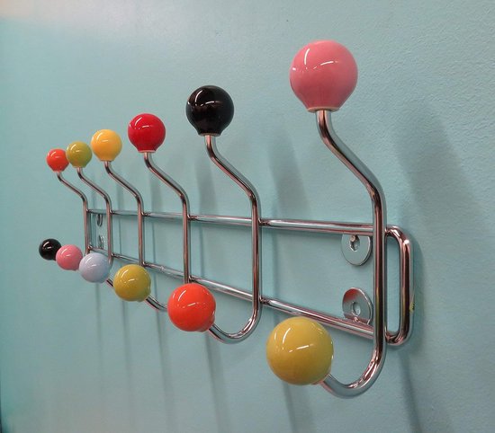 Wandkapstok met 12 haken, chroomlook, kleurrijke keramische bollen