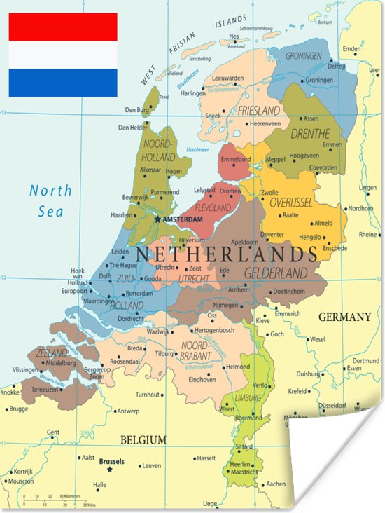 Kaart in kleur van Nederland 60x80 cm - Foto print op Poster (wanddecoratie  woonkamer... | bol