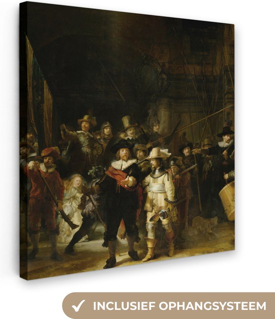 Canvas - Schilderij De nachtwacht - Kunst - Oude meesters - Rembrandt - 50x50 cm - Wanddecoratie - Woonkamer