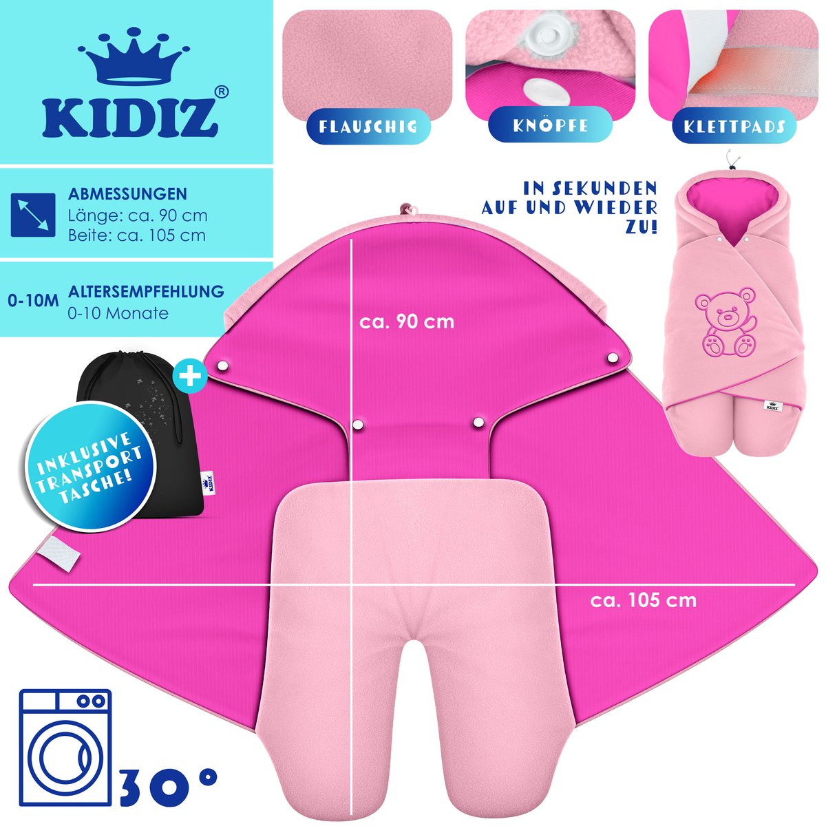 KIDIZ® Baby Slaapzak voor Buggy Voetenzak voor Autostoeltje & Wandelwagen Babyschaal, voor Winter met Kap + Babyslaapzak Deken voor Maxi-Cosi & Kinderwagen alle Gordelsystemen 3 & 5-Puntsgordel - Roze / Roze – foto 2