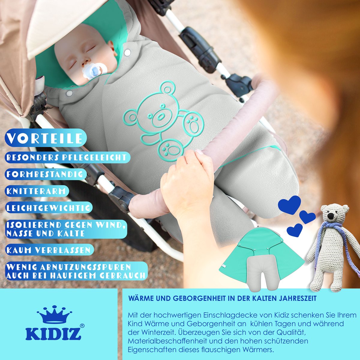 KIDIZ® Baby Slaapzak voor Buggy Voetenzak voor Autostoeltje & Wandelwagen Babyschaal, voor Winter met Kap + Babyslaapzak Deken voor Maxi-Cosi & Kinderwagen alle Gordelsystemen 3 & 5-Puntsgordel - Grijs / Turquoise – foto 2