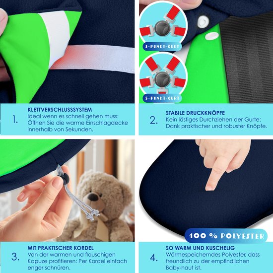 KIDIZ® Baby Slaapzak voor Buggy Voetenzak voor Autostoeltje & Wandelwagen Babyschaal, voor Winter met Kap + Babyslaapzak Deken voor Maxi-Cosi & Kinderwagen alle Gordelsystemen 3 & 5-Puntsgordel - Marineblauw / Groen van Merkloos — afbeelding 3