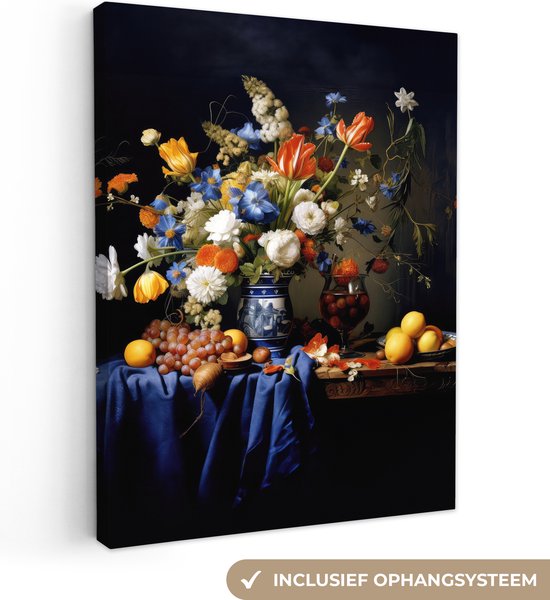 Canvas schilderij 120x160 cm - Wanddecoratie Bloemen - Fruit - Stilleven - Hollands - Muurdecoratie woonkamer - Slaapkamer decoratie - Kamer accessoires - Schilderijen