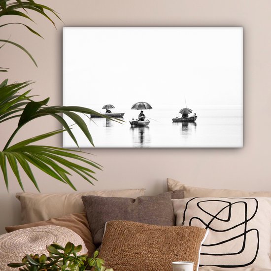 Peinture sur toile - Homme - Bateau - Pêche - Parapluie - Water - Peintures sur toile - 60x40 cm - Photo sur toile - Canvasdoek