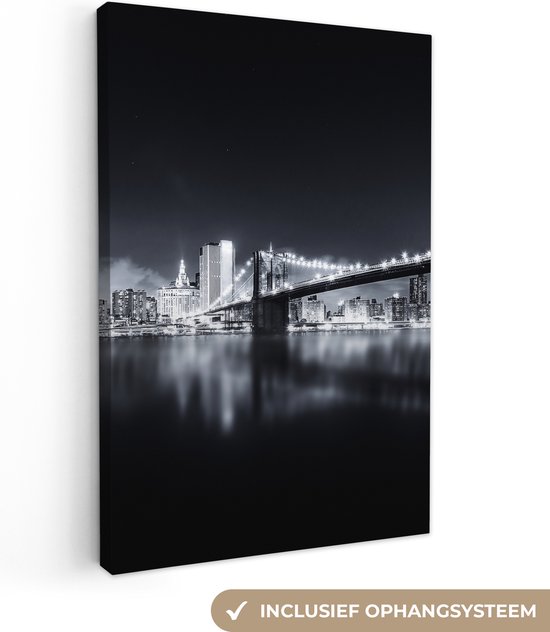Canvas schilderij - Foto op doek - Skyline - New York - Architectuur - Nacht - Verlichting - Kamer decoratie - 80x120 cm - Canvasdoek