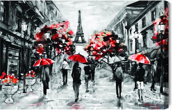 Schilderijkoning - Canvas Schilderij Mensen Met Rode Paraplu's In Parijs - 120 x 80 cm
