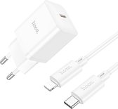 Hoco Oplader Geschikt voor Apple iPhone 13 Pro Max - Lightning Kabel naar Type C (1 Meter) & Stekker (N27) - USB C Snel Lader 20W - Wit
