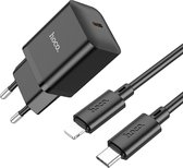 Hoco Oplader Geschikt voor Apple iPhone 7 & iPhone 8 - Lightning Kabel naar Type C (1 Meter) & Stekker (N27) - USB C Snel Lader 20W - Zwart