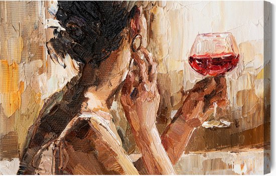 Schilderijkoning - Canvas Schilderij Fragment Of Artwork Where Beautiful Attractive Young Woman Holding A Glass Of Wine. Oil Painting On Canvas. - 30 x 20 cm