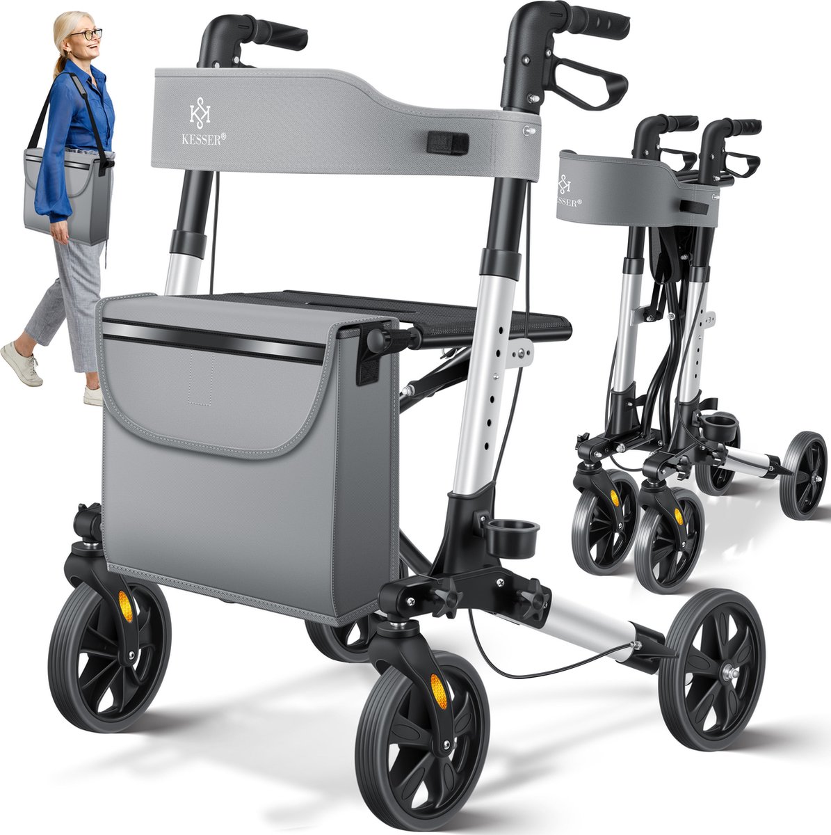 KESSER Rollator | Lichtgewicht & Inklapbaar | Looprek Opvouwbare aluminium rollator Licht loophulpmiddel - Grijs