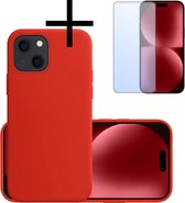 Hoes Geschikt voor iPhone 15 Hoesje Cover Siliconen Back Case Hoes Met Screenprotector - Rood.