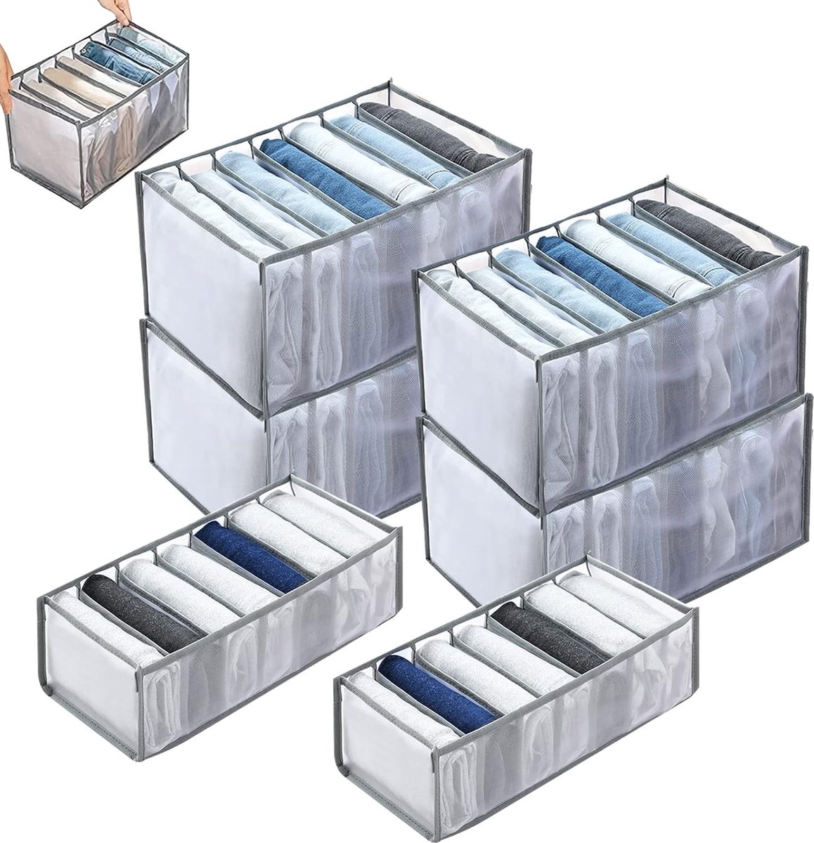 6 stuks optionele kledingopslag van mesh, 7 roosters, optionele netvakken, kledingorganizer, draagbare opbergmand voor T-shirt, rok, legging, jeans opbergdoos, organizer (grijs)