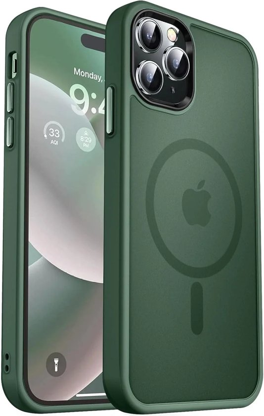 Hoesje Geschikt voor Apple iPhone 15 Pro Max - Compatibel met MagSafe - Matte Beschermhoes - Back Cover met Magneet - Geschikt voor Draadloos Opladen met Magnetische Ring - Donker Groen