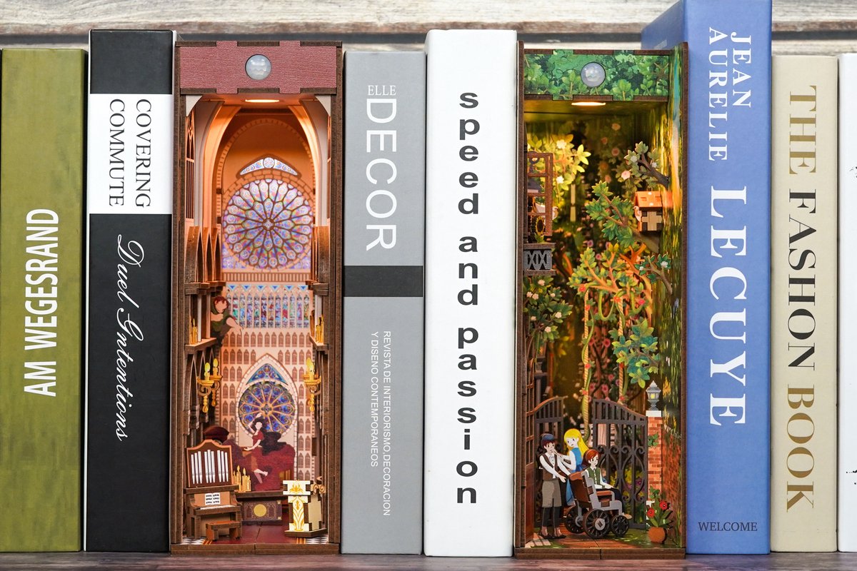 Tonecheer The Secret Garden Book Nook Bouwpakket - Modelbouw - 18,2 x 8 x 24,5 cm - Houten 3D Puzzel - Boekensteun - LED-licht - Bewegingssensor Licht - Boekenhouder — afbeelding 21