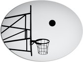 Dibond Ovaal - Bal Vallend in Basket (Zwart-wit) - 80x60 cm Foto op Ovaal (Met Ophangsysteem)