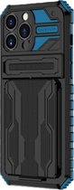 Hoesje geschikt voor iPhone 12 - Backcover - Rugged Armor - Kickstand - Extra valbescherming - TPU - Zwart/Blauw