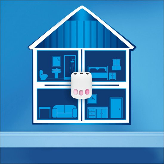 Wit Ambi Pur 3Volution apparaat in een huis-silhouet met 3 roze indicators. Vertegenwoordigt alle kamers in huis.