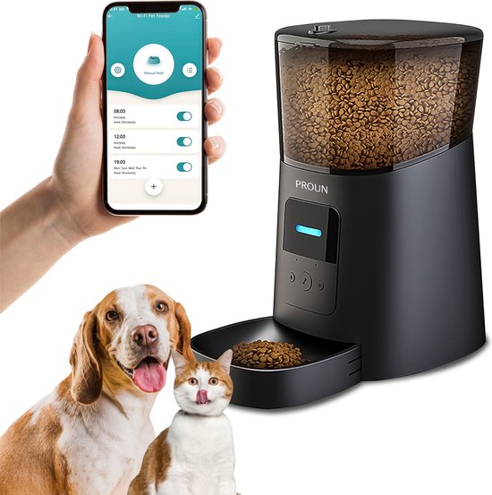 Proun Pet Voerautomaat - Dispenser voor Kat en Hond - Inhoud 6 Liter - met Smartphone besturing - Zwart - Voerbak - Proun