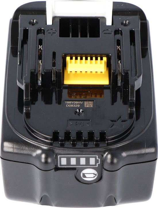 Zwarte Makita 18V 5.0Ah Li-ion accu, bovenaanzicht met gele connector en batterij-indicator.