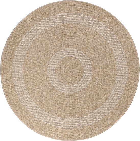Ronde beige vloerkleed met concentrische ringen in verschillende tinten.