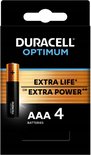 Duracell Optimum AAA-batterijen: een zwarte batterij met gouden banden. Verpakking voor 4 batterijen.