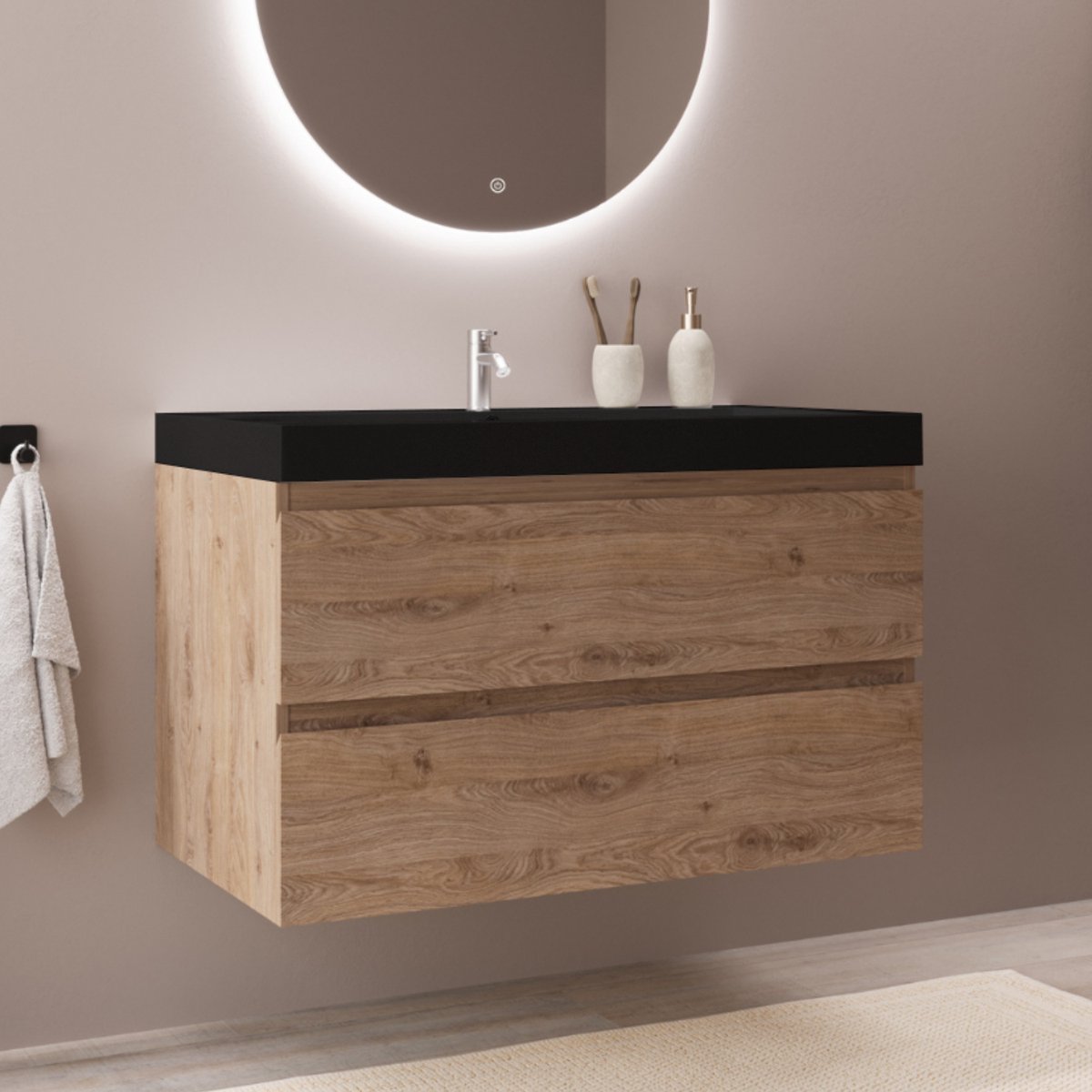 LOMAZOO Badkamermeubel Licht Eiken 80 cm - Wastafel Zwart - Wastafelmeubel - Wastafelkast Zwevend [MONACO]