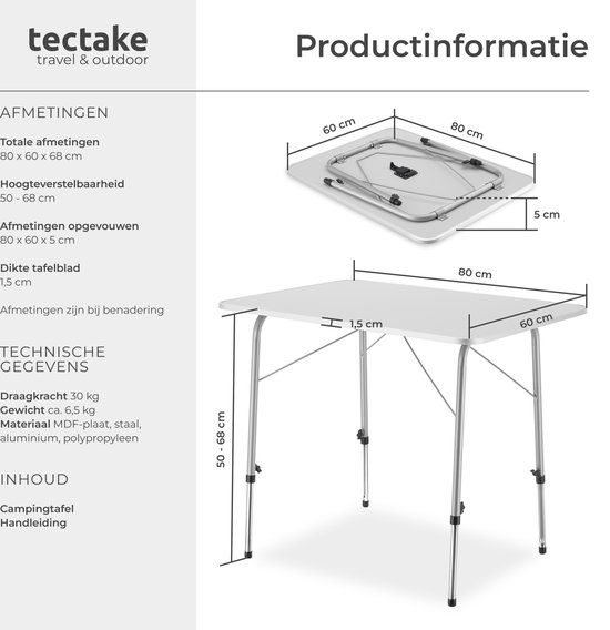 tectake® - Campingtafel opvouwbaar - Draagbare kampeertafel - Vouwtafel buiten - Inklapbare tafel - Weerbestendig - Div. afmetingen – 80x60x68 - Grijs