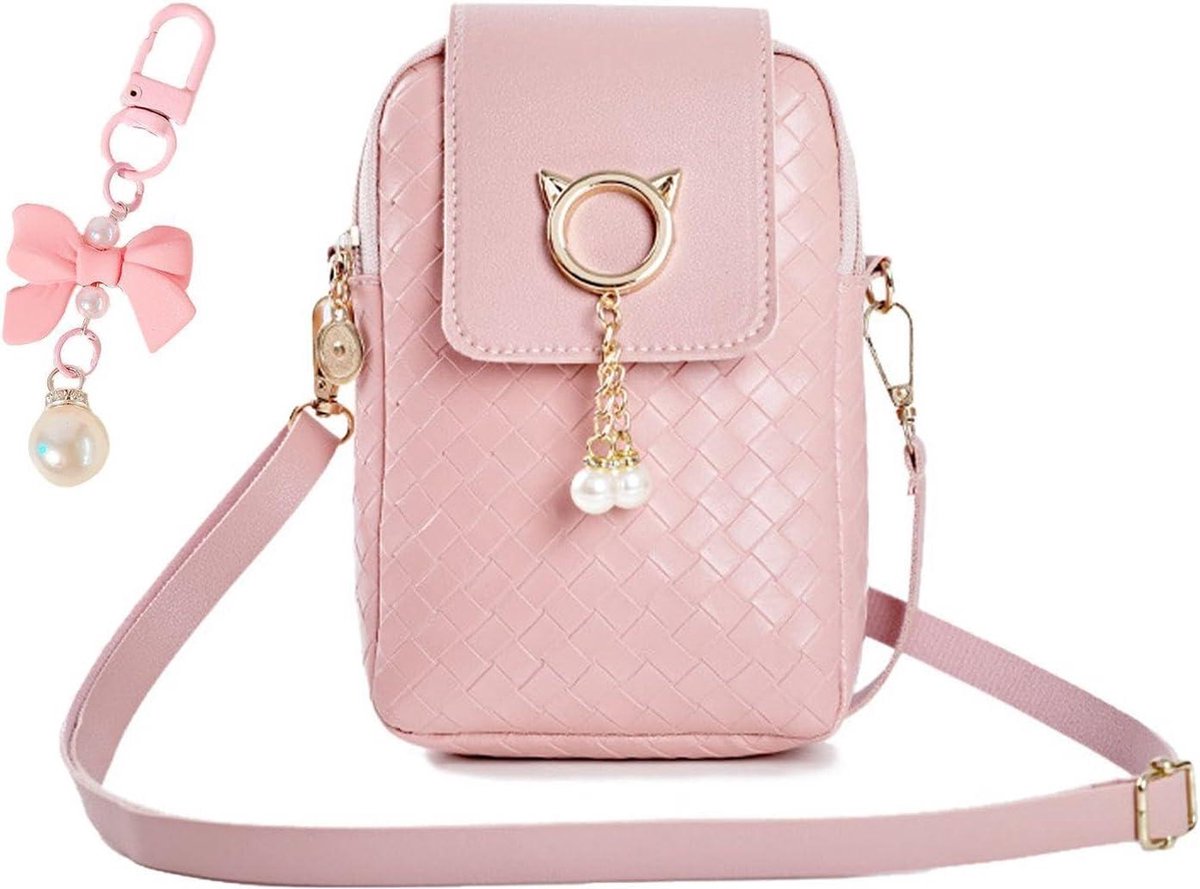 Modieuze roze schoudertas met strik hanger - verstelbare mini-tas voor meisjes .