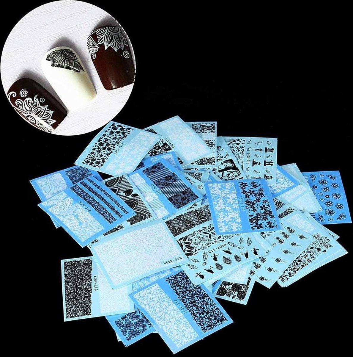 Goedkoopste 48 vellen Nail Art-stickers met zwart kanten bloem - Watertransfersticker voor manicure .